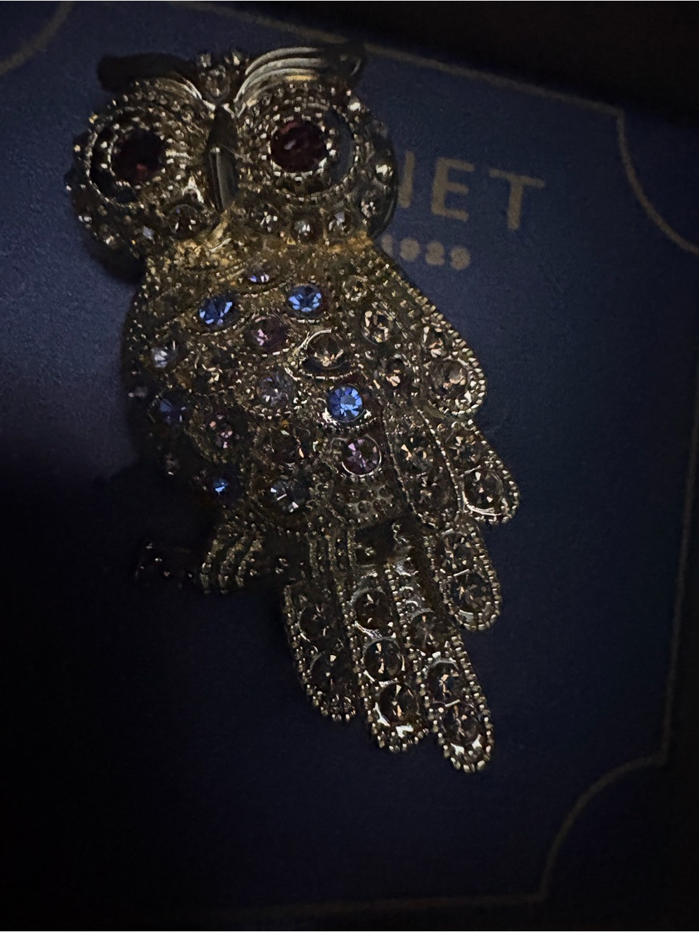 Vintage Monet Owl Brooch with Purple and Gold Tones - Picture 2 of 4